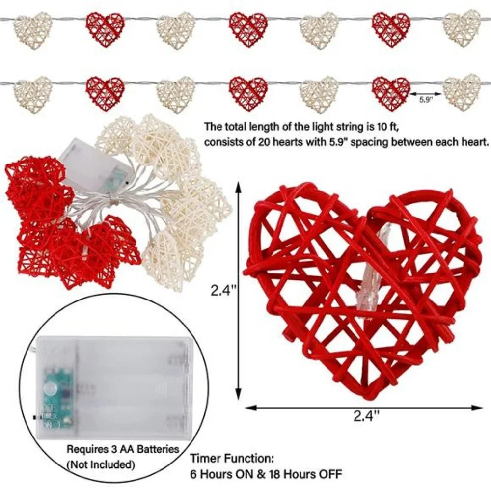 Valentine's Day String Lights, 10 FT 20 LED Heart Shape String Light